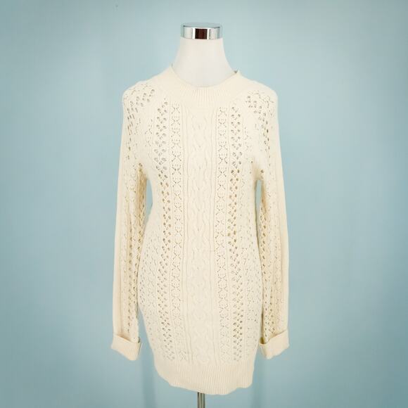 Free People Size Large L Ivory Pointelle Cable Knit Crew Cotton Tunic Sweater - Picture 1 of 6